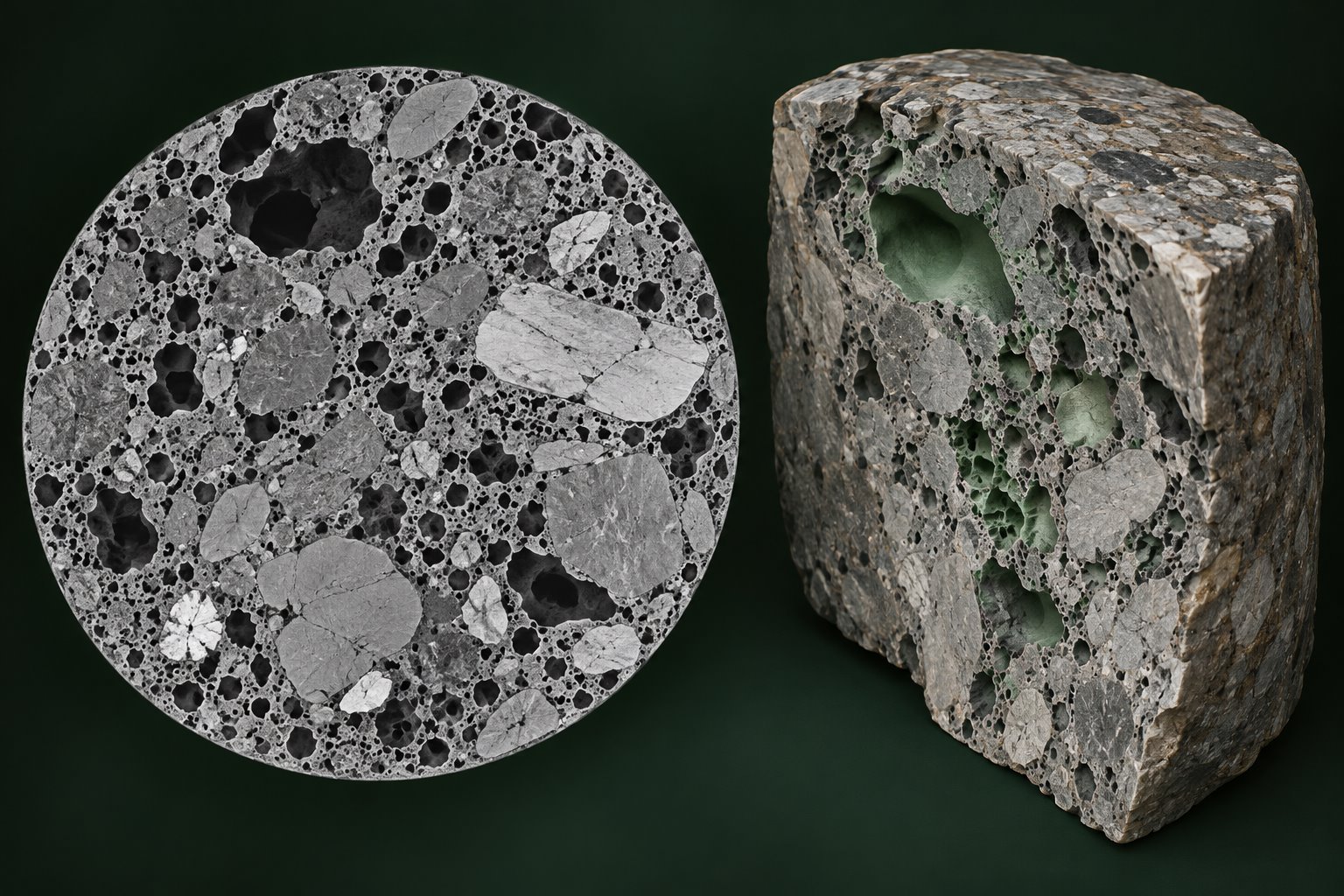 AI 生成的 micro-CT 圆形切片与三维内部孔隙示意