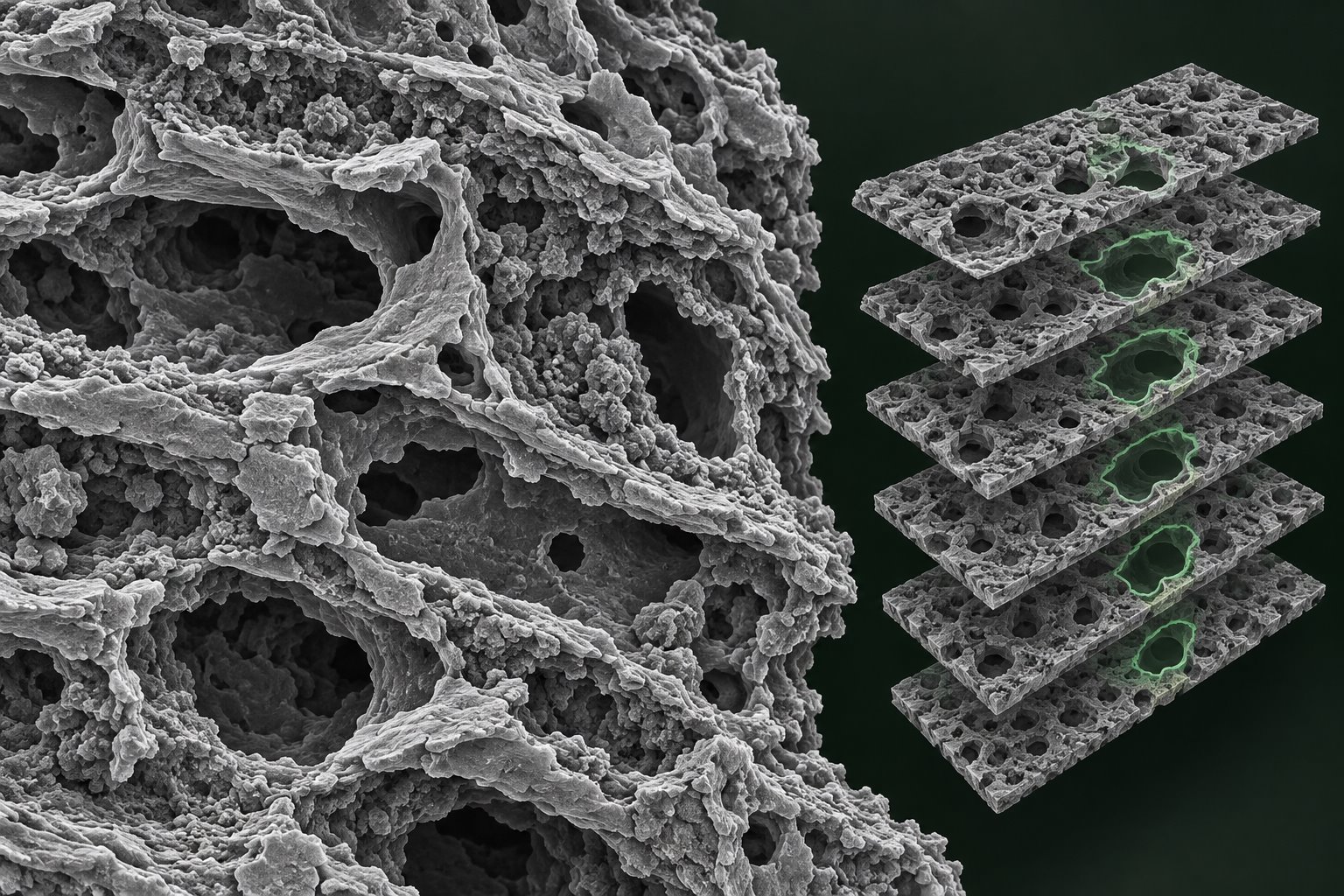 AI 生成的 SEM 微观形貌与 FIB-SEM 连续切片示意
